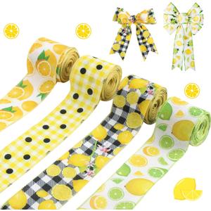 CCINEE 4 Rolls Wired Edge Ribbons with Lemon,2.5 Inch26 Yards Yellow Satin with Lemon Polka Dot Stripe Plaid Check for Wreath Floral Arrangements Crafts Wrapping Supplies DIY Hair Bow