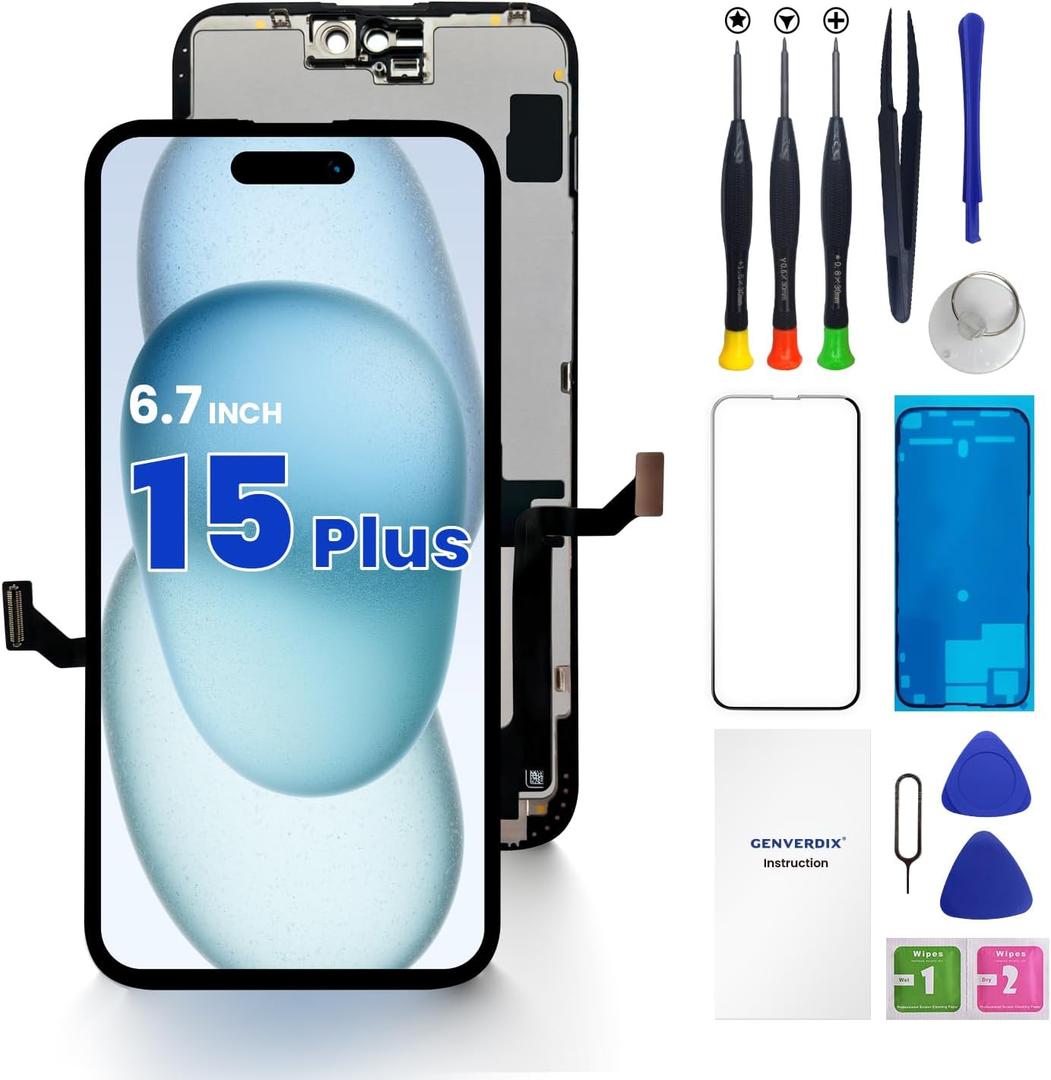 for iPhone 15 Plus Screen Replacement 6.7 3D Touch LCD Display Full Repair kit, Digitizer Assembly with Tools Set, Tempered Glass Screen Protector, Waterproof Frame Adhesive
