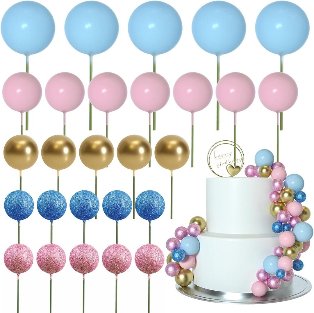 ASTARON 50 Pcs Ball Cake Topper Sticks Mini Balloons for Cake Decorating Supplies Foam Balls Cake decorations for Baby Shower Cake Birthday Cake Toppers Decorations (Pink Blue Series)