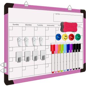Dry Erase Calendar Whiteboard for Wall, 16" X 12" Magnetic White Board Dry Erase Calendar, Portable Hanging Dry Erase Board Framed Planner Memo Whiteboard Back to School Gift for Kid Student (Pink)