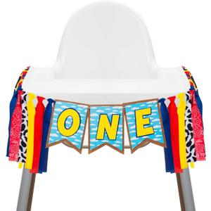 VitalCozy Birthday High Chair Banner Garland cartoon Decorations birthday Party Highchair Banner With Ribbon Fabric for Gender Neutral Highchair Decor(Cartoon,Muticolor)