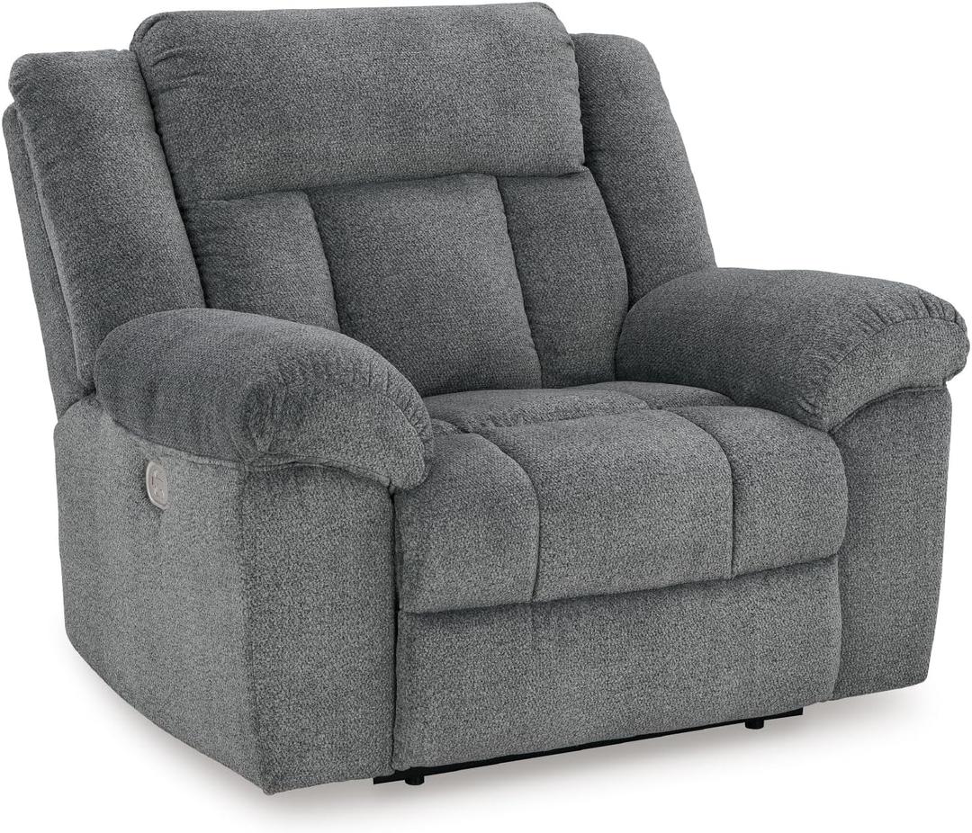 Signature Design by Ashley Tip-Off Power Recliner with Adjustable Headrest, Attached Cushions, Fabric Upholstery, USB Port, 52" W x 42" D x 45" H, Gray (Grey)