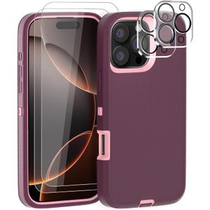 Gase for iPhone 16 Pro Case 6.3" with 2 Screen Protector + 2 Camera Lens Protector, Full Body Heavy Duty Military Grade Cover, Shockproof/Drop Proof Protection Phone Case (Wine Red Pink)