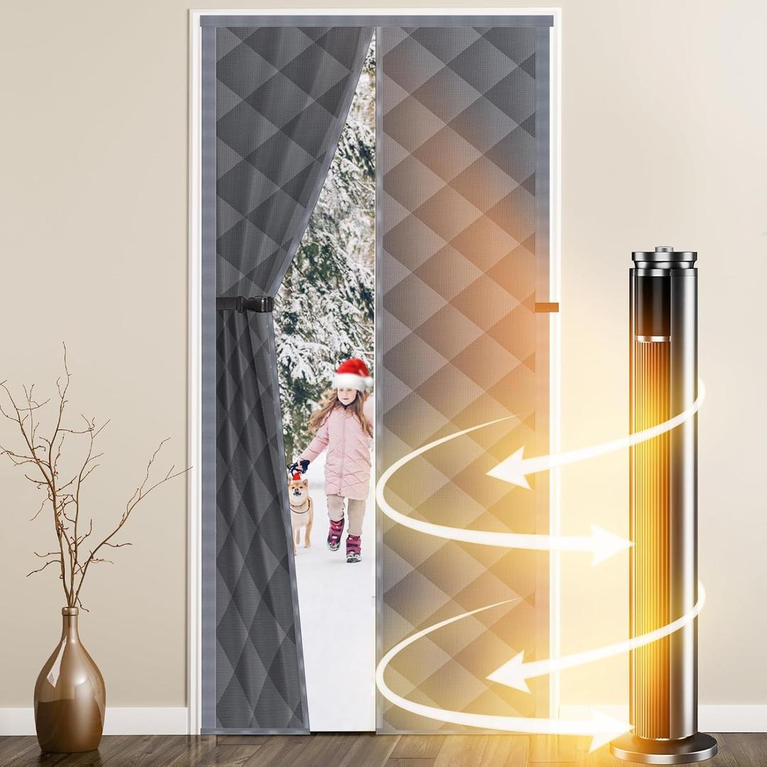 Magnetic Thermal Insulated Door Curtain,Fits Door Size 30'' x 80'', Durable Oxford Cloth Thicken Cotton Fiber Fill, Temporary Door Insulation Cover,Soundproof Weatherproof Doors Blanket (Gray)