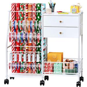 TC-HOMENY Wrapping Paper Organizer with Wheels, Ribbon Organizer and Gift Wrap Rack with 2 Large Drawers, Blueprint Poster Holder, Craft Organizer, Christmas Paper Storage Containers with Wheels