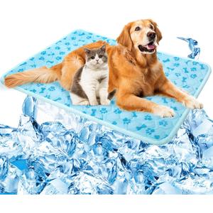 SHEJIZE Dog Cooling Mat Self-Cooling Mat for Dogs and Cats Non-Slip Pet Cool Pad Dog Sleeping Pad Summer Blanket for Pets Foldable Washable for Kennel, Travel, Bed, Cars, Indoor and Outdoor Use (L(27*39inch), Blue)