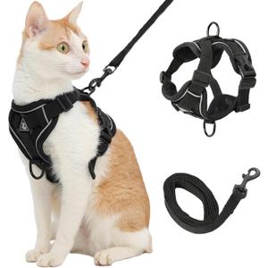Cat Harness and Leash, Reflective Cat Harness Escape Proof for Walking, Adjustable Kitten Harness and Leash Set, 4 Buckles Easy Control Breathable Cat Vest Harness for All Types of Cats (S, Black)