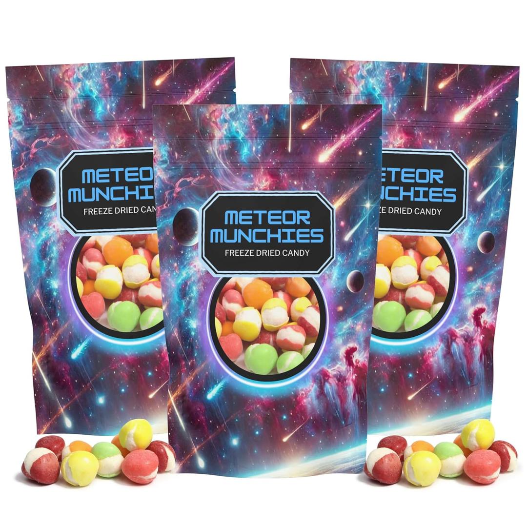 2 x Freeze Dried Meteor Munchies, Assorted Fruit Flavored Crunchy Candies, Movie Night Candy, Resealable Bags, 4.23 Ounces (Pack of 3)