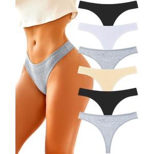 FINETOO Cotton Thongs for Women Soft Low Rise Sexy Thong Ladies Panties Womens Underwear 6 Pack (M)