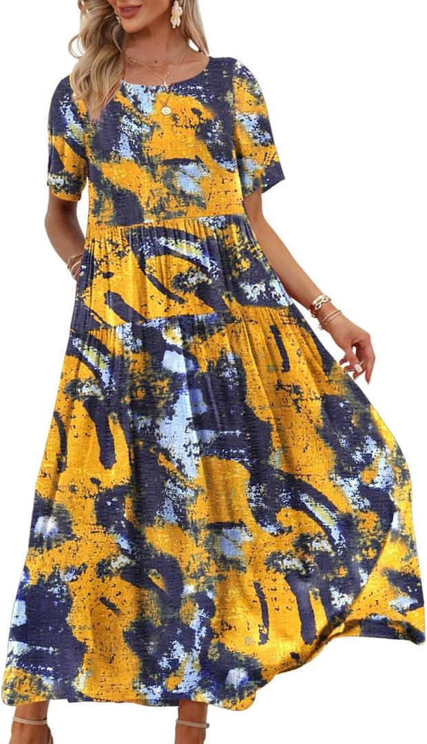 YESNO Women Casual Loose Bohemian Floral Dress with Pockets Short Sleeve Long Maxi Summer Beach Swing Dress EJF (XL)