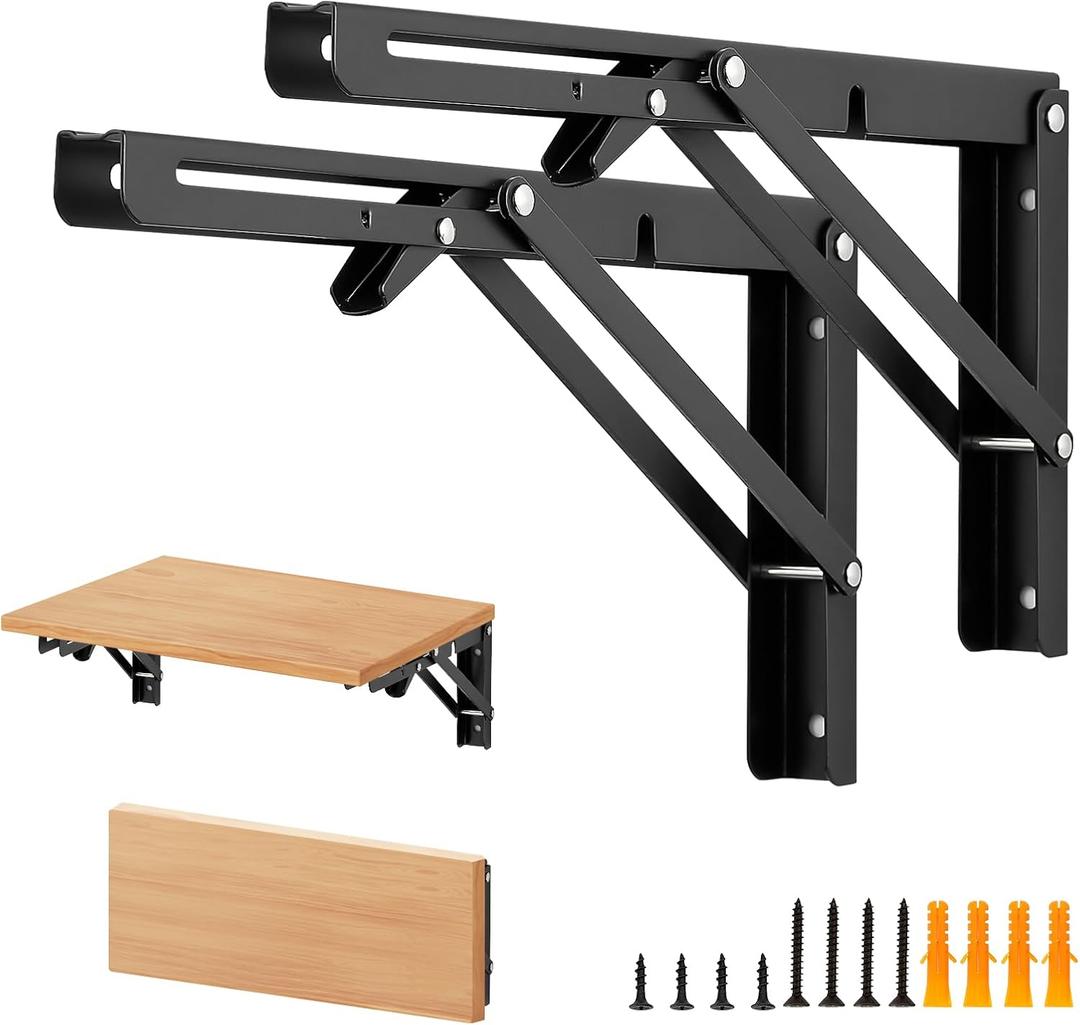 12 Inch Folding Shelf Brackets, 4 Pack (2 Pairs) Heavy Duty Metal Collapsible Wall-Mounted Brackets, Space-Saving DIY Foldable Shelf for Benches and Tables, Matte Black