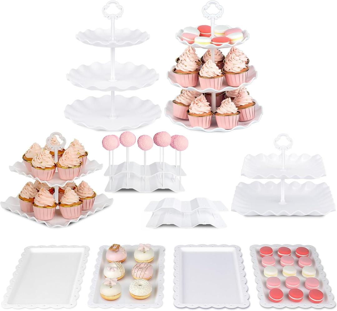 Pack of 10 NWK Dessert Stand Set with 2X Large 2-Tier and 2X Large 3-Tier Cupcake Stands, 4 x Appetizer Trays, 2 x Cake Pop Stands, for Birthday Baby Shower Party Decorations (White)