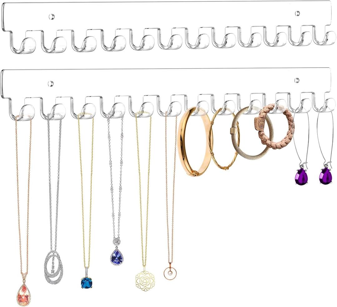 2 Pack Necklace Holder - Hanging Jewelry Organizer, Self-Adhesive, Wall Mount (Clear)