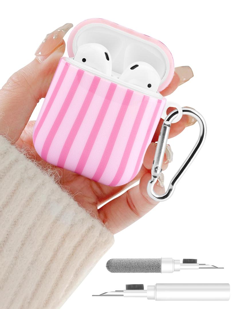 Compatible with Airpods 2nd 1st Generation Case, Cute Hot Pink Stripe Aesthetic Design with Carabiner, Soft TPU Skin Anti-Scratch Shockproof Protective Cover for Women Girls