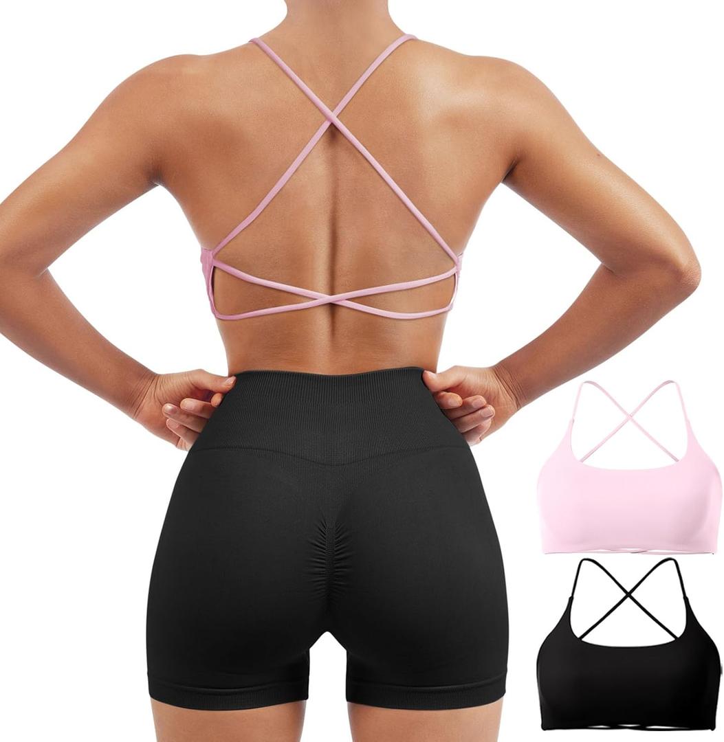 SUUKSESS Women 2 Piece Open Back Sports Bra Pack Strappy Workout Gym Yoga Crops (Small, #1 Pack (Pink & Black))