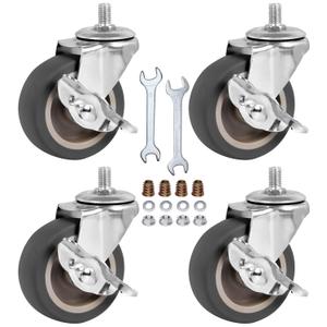 Caster Wheels, 3 Inch Stem Casters Set of 4, Heavy Duty Swivel Wheel with Brake, Metric Size M8-1.25-15 (Screw Diameter 8mm, Screw Length 15mm) Casters for Workbench Trolley, Furniture Dolly