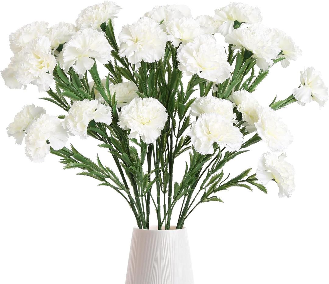 IPOPU White Carnations Artificial Flowers 6PCS 30 Heads Silk Carnations 27.56in Artificial Flowers with Stems for Wedding Home Centerpieces Floral Arrangements(White)