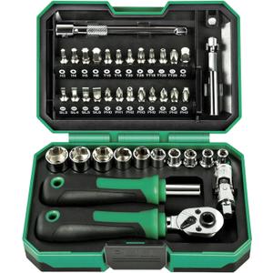 39PCS Ratcheting Wrench Set, Metric Shallow Mini Socket Set with Ratchet (4-13mm), 1/4 Mini Ratchet Screwdrivers Set Magnetic, Power Bits, Universal Joints, Spinner, Extensions, Storage Box
