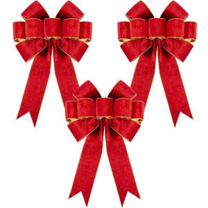 3pcs Large Christmas Bows Velvet Red Bows Holiday Red Christmas Bows Decorations for Wreath Velvet Bows Decor for Christmas Tree Topper, Front Door, Outdoor(14 * 12 inch)