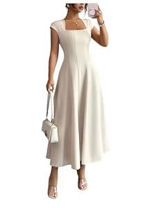 SOLY HUX Women's Wedding Guest Dress Square Neck Cap Sleeve A Line Flowy Cocktail Party Long Dresses Pure Apricot Medium