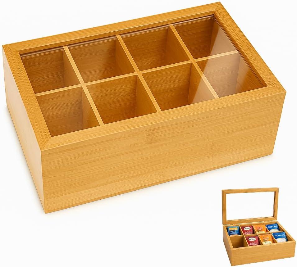 Tea Bag Organizer Spice Organizer and Tea Storage Stash Tea Bag Holder with 8 Compartments, Natural Bamboo Wooden Box