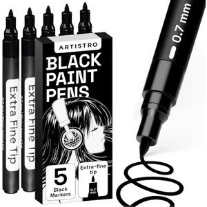 ARTISTRO 5 Black Paint Pen for Glass Marking, Rock Painting, Ceramic, Wood, Tire, Fabric, Metal, Canvas - Set of 5 Acrylic Paint Markers Water-based - Extra-fine Tip