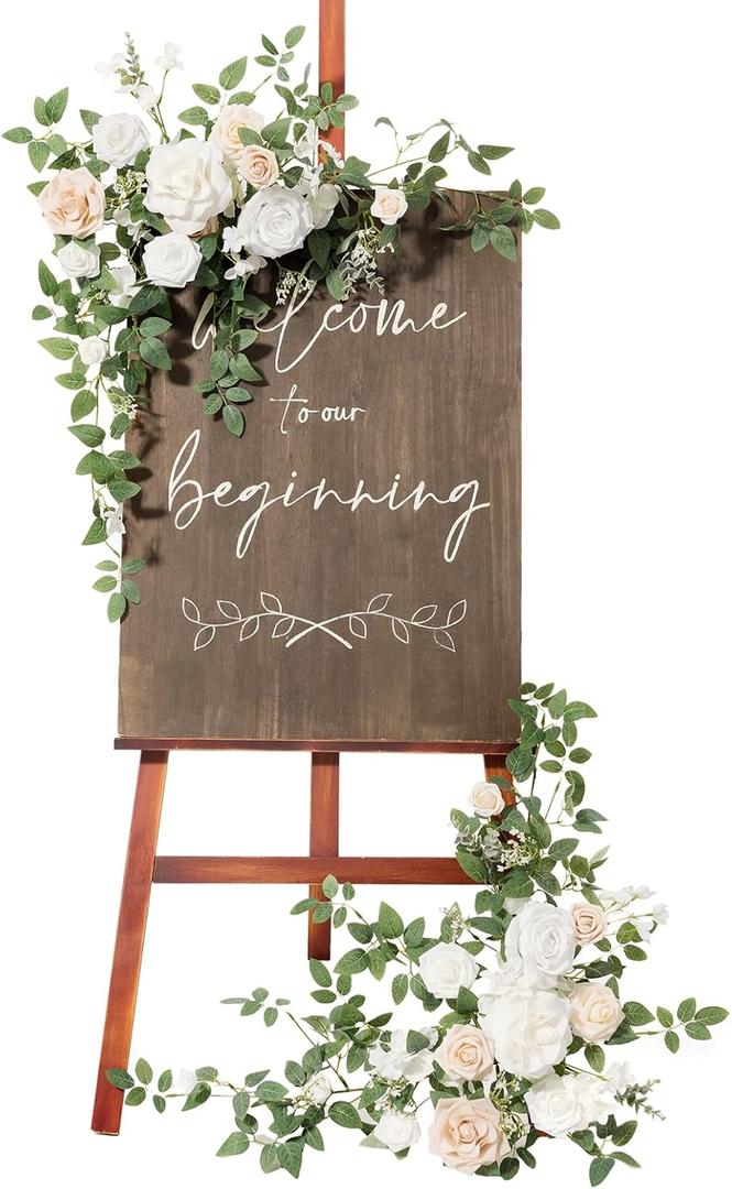 Ling's Moment 2pcs Wedding Flowers Garland Artificial Floral Swag Arch Decorations Rose Greenery Arrangements White & Sage Ceremony Reception Garden Easel Wall Entryway Outdoor Board(NOT Include Sign)
