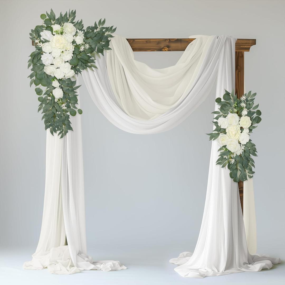 Wedding Arch Flowers and Drape Kit (Pack of 4), 2pcs Hanging Flower Arrangement White & Ivory Draping Fabric Arch Decorations for Wedding Ceremony Reception