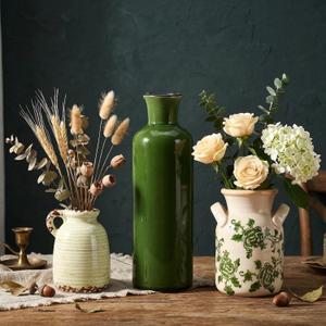 Ceramic Vases Set of 3,Green & Beige Farmhouse Vintage Rustic Boho Decorative Vases with Handles,Neutral Pottery Vases for Home Decor,Table Centerpiece,Living Room,Mantel,Kitchen,Shelf,Entryway