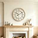 24 Inch Large Rustic Wall Clock Silent Non-Ticking Wooden Wall Clocks with Roman Numerals Farmhouse Decorative Clock for Living Room Bedroom Office (Light Lvory)