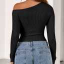 Zenlonr Womens Long Sleeve Shirts Fall Outfits 2025 Off The Shoulder Tops Asymmetrical Fitted Knit T Shirts Going Out Tops (Black, S)