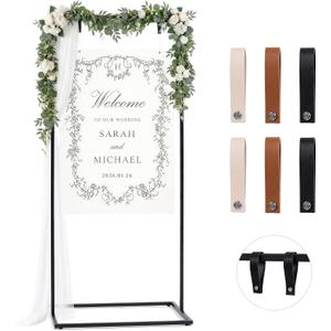Wedding Welcome Sign Stand, 67" Tall Height - Black Metal Sign Holder with 6 Leather Straps, Easel Stand for Seating Charts & Event Décor