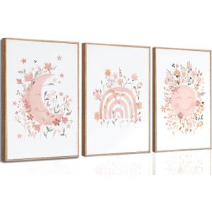 3Pcs Pink Wildflower Wall Art Sun Moon Canvas Posters Prints Bohemia paintings Rainbow Pictures Wall Decor Artwork for Girls Bedroom Children Room Decoration Unframed (12x16)