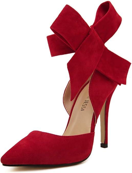 MAIERNISI JESSI Women's Pointy Toe High Heel Stiletto Big Bowknot Pumps Red