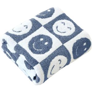 Ultra Soft Cozy Happy Smiling Face Checkered Knitted Throw Blanket Fluffy Microfiber Checkerboard Bed Blanket Lightweight Both Sides Blanket for Couch Sofa Bed (Smile Blue, Throw 50x60)