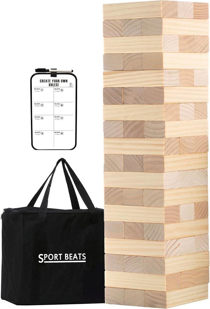 Outdoor Games Giant Tower Stacking Game Stack to 5 Ft Tall Includes 54 Blocks Carry Bag and Scoreboard - for Backyard,Beach,Lawn,Tailgates (Natural)