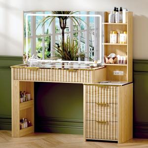 51" Vanity Desk with Power Outlet, Makeup Vanity with Mirror and Lights, 3 Lighting Modes, Vanity Table with Glass Top, 5 Drawers, and Jewelry Storage, Oak-1