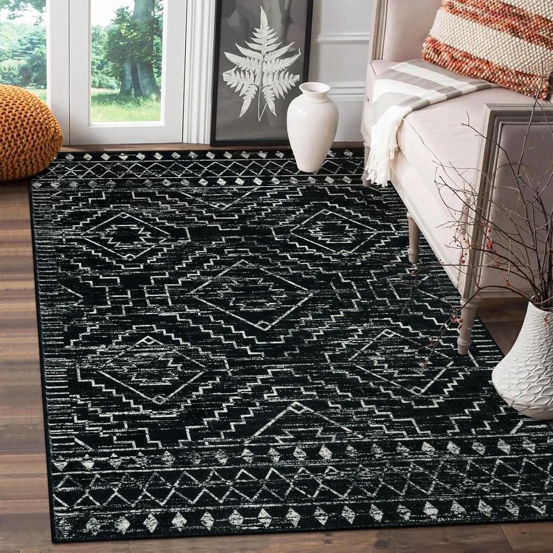 Wonnitar Moroccan 3x5 Rug, Black Washable Small Rug for Bedroom, Non-Slip Geometric Tribal Entry Throw Mat, Boho Farmhouse Rustic Soft Low Pile Area Rug for Bathroom Dining Guest Room (Black,3'x5')