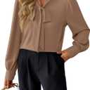 Avanova Women Bow Tie Neck Long Sleeve Blouses Tops Dressy Casual Elegant Work Shirts Khaki X-Large (XL)