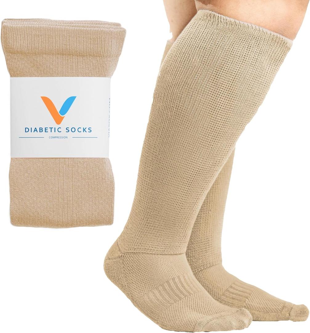 Viasox Compression Socks for Women and Men, Knee High Socks 12-15 mmhg Circulation Support for Flight, Travel (Medium, Tan)