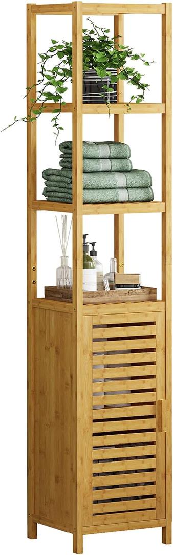VIAGDO Storage Tall Slim Cabinet with Shutter Door and 3 Tier Shelves, Freestanding Linen Tower Cabinet for Living Room, Kitchen, Bathroom Organizer, Natural Bamboo (Nature)