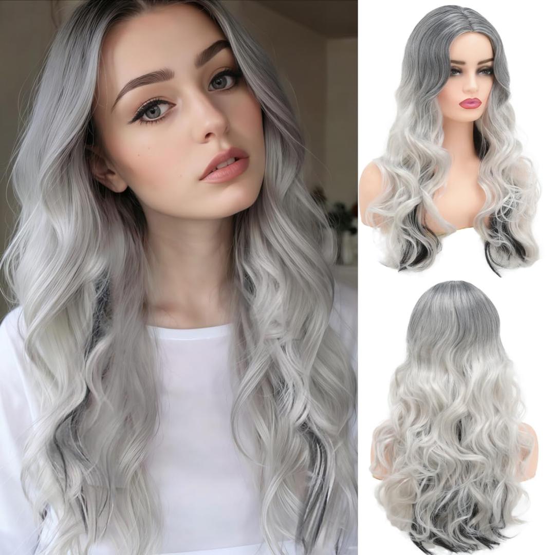 Silver Grey Wigs for Women Long Curly Wavy Wig Ombre Gray Hair Layered Wavy Shaggy for Daily Party Halloween