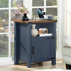 Joaxswe Night Stand with Charging Station and USB Port, 18 Inch Farmhouse Nightstand with Storage Shelf, Rustic Couch End Table with Magnetic Door, Wood Bed Side Tables for Bedroom, Home, Nayv Blue, 18 inches x 14 inches x 26 inches