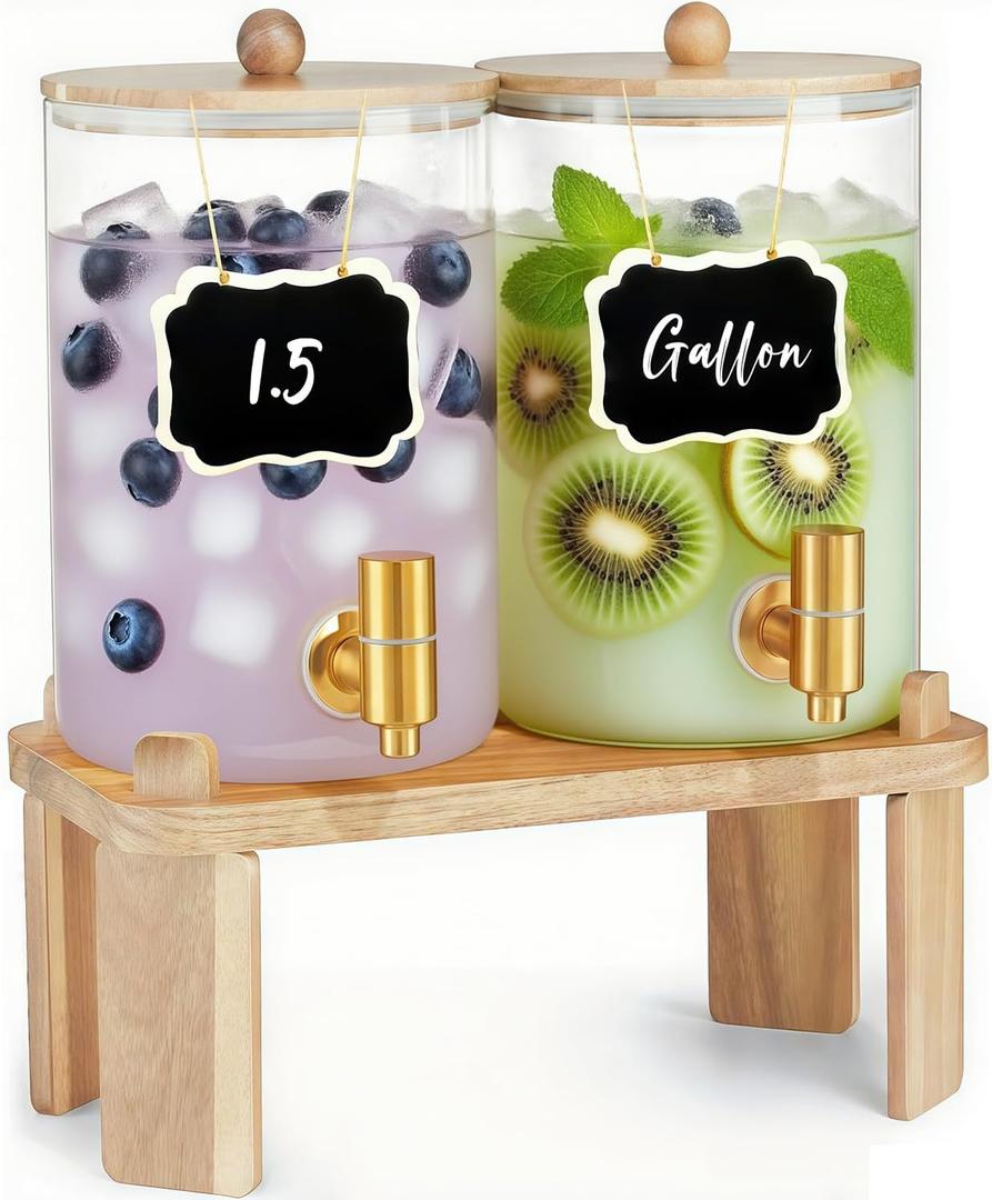 2 Pack Drink Dispenser with Wood Stand, Glass Beverage Dispenser with Spigot and Labels, Glass Water Dispenser for Parties, Lemonade Dispensers for Juice, Tea, and Home Bar Party Drinks (1.5 Gallon) 2 Pack Drink Dispenser with Wood Stand, Glass Beverage Dispenser with Spigot and Labels, Glass Water Dispenser for Parties, Lemonade Dispensers for Juice, Tea, and Home Bar Party Drinks (1.5 Gallon)