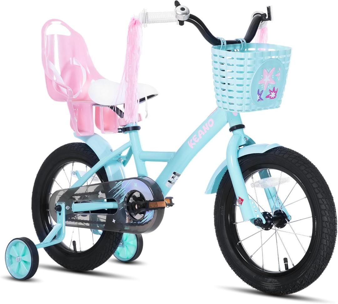 KEANO Zinnia 14 16 20 Inch Kids Bike for Girls Ages 3-10 Years, Girls' Bikes with Training Wheels, Streamers, Basket and Doll Seat, Children Bicycles (Green)