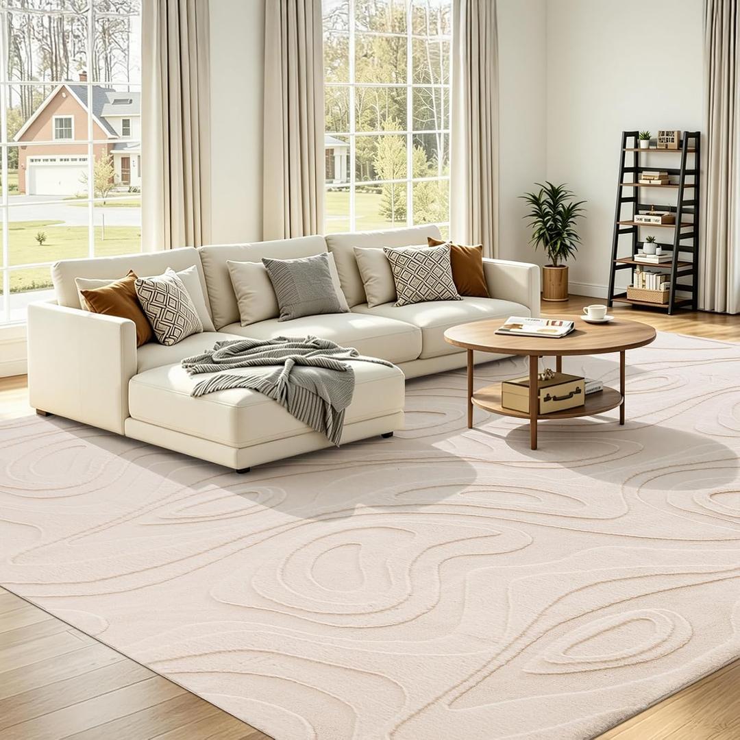 UKISS Washable Rugs 8'x10' Area Rugs for Living Room ，Ultra Soft Faux Rabbit Fur Embossed Rug for Bedroom, Non Slip&Non-Shedding Low Pile Large Carpets for Home Decor Beige