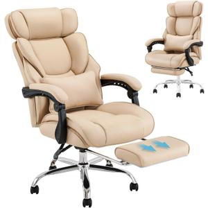 COLAMY Office Chair with Footrest, Ergonomic High Back Design Executive Computer Desk Chair with Removable Lumbar Pillow, 90-135Reclining, Thick Bonded Leather for Home Office Work Comfort, Khaki