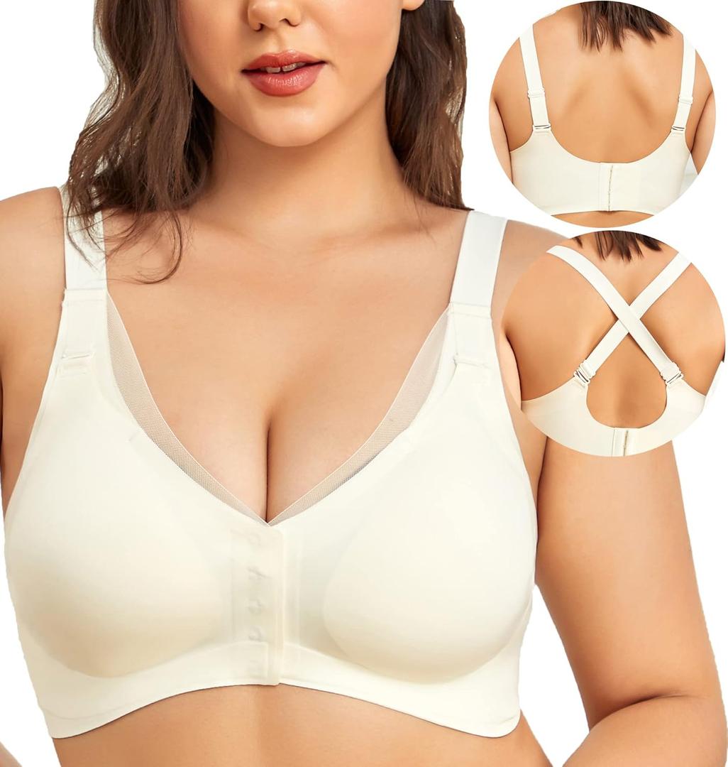 PRETTYWELL Front Closure Bras for Women no Underwire Padded Wireless Comfort Full Coverage Bra with Support Mastectomy Bra (L)