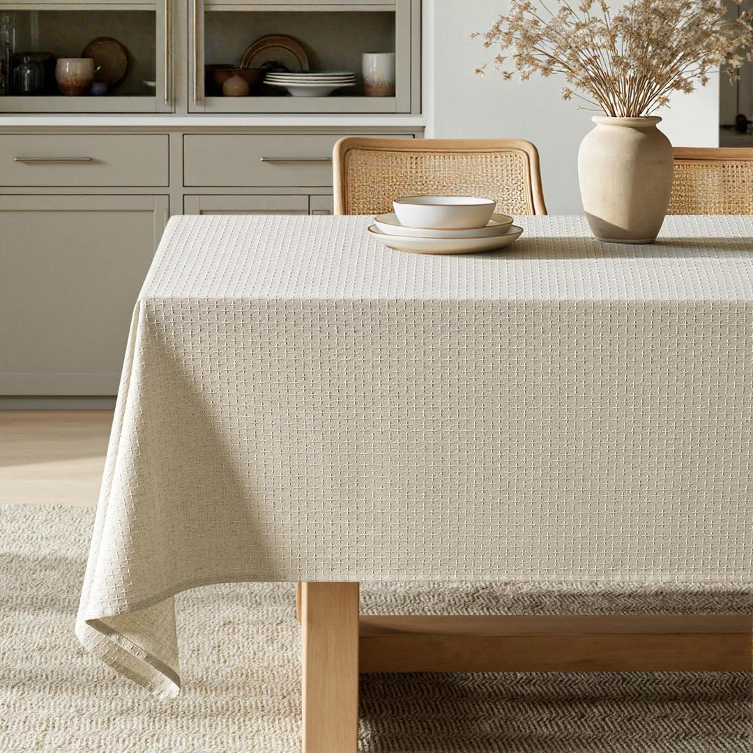 MIULEE Natural Beige Linen Cotton Table Cloth Rectangle Tablecloth Spring Waterproof Spillproof Cross-Star Textured Table Cloth Decorative Farmhouse Style for Dining Party Weddings, 52x70 Inch