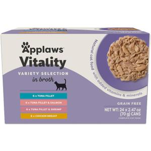 Applaws Vitality Wet Cat Food in Broth, Natural Cat Food with Added Vitamins & Minerals, Grain-Free, Carrageenan Free, Variety Selection in Broth (24 Count, 2.47 oz Cans) (EXP 11/01/27)